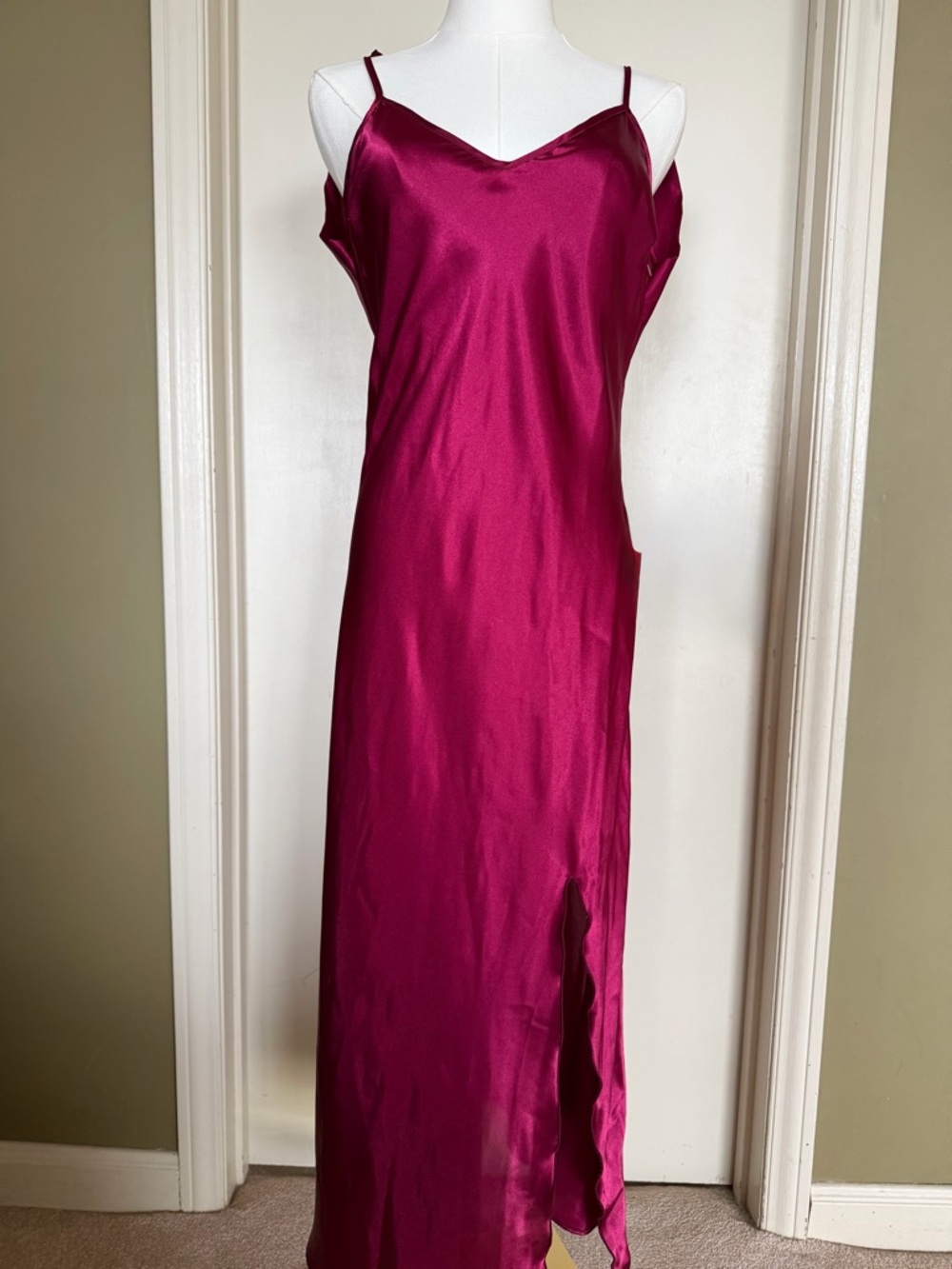 Vintage Lu-Say Creations Fuchsia Satin Nightgown Open Back Side Slit Medium